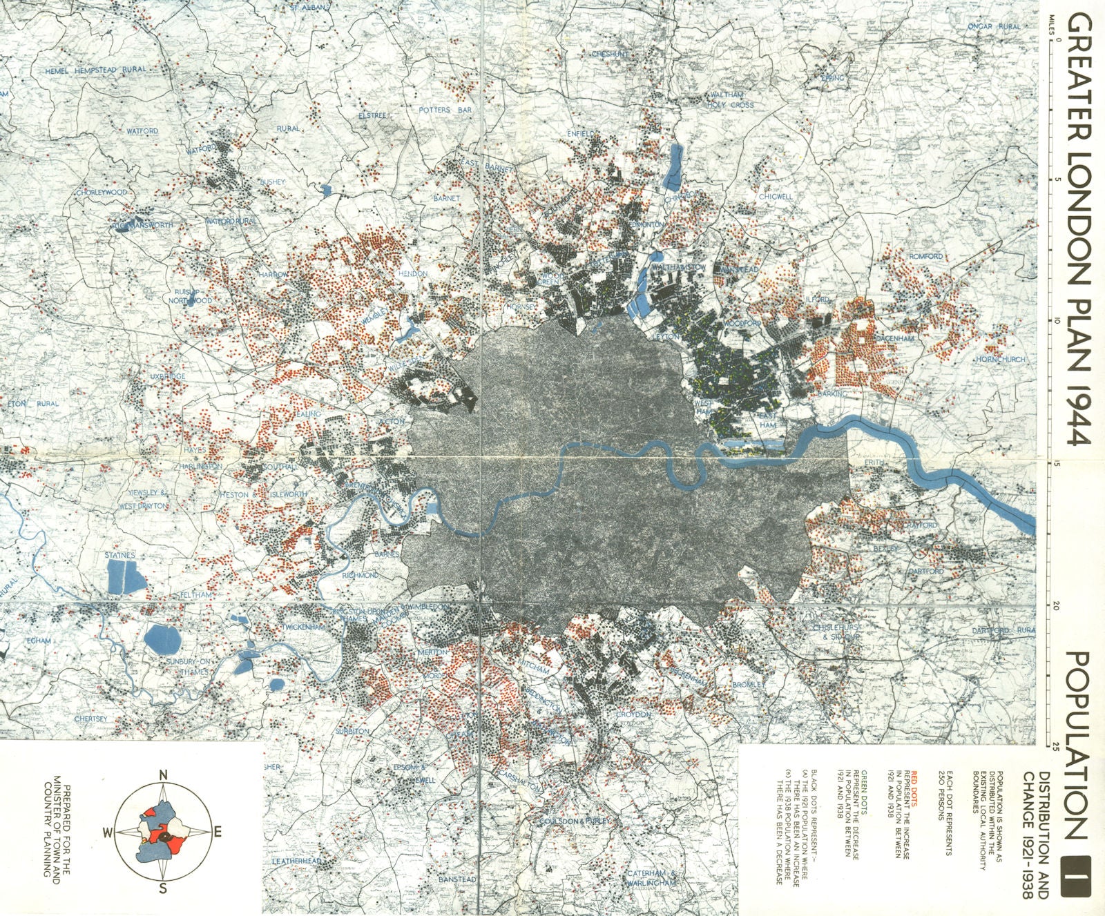 GREATER LONDON. Population change up/down 1921-1938. ABERCROMBIE 1944 old map